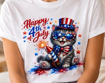 Gato patriótico PNG, PNG para sublimación del 4 de julio, diseño de gato con la bandera estadounidense, gatito feliz 4 de julio, descarga digital para amantes de los gatos
