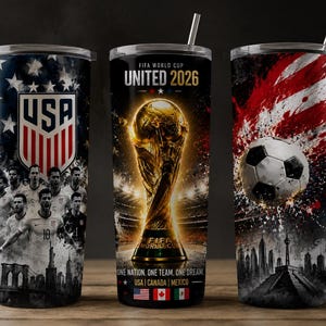 FIFA World Cup 2026 digital tumbler wrap featuring USA, Canada, Mexico, golden trophy, soccer ball, and patriotic soccer team design, printable PNG