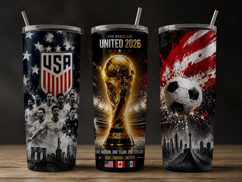 FIFA World Cup 2026 digital tumbler wrap featuring USA, Canada, Mexico, golden trophy, soccer ball, and patriotic soccer team design, printable PNG