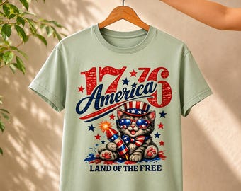 4th of July T-Shirt Design PNG | 1776 America Cat Sublimation PNG | Patriotic USA Flag Cat Shirt, Independence Day Digital Download