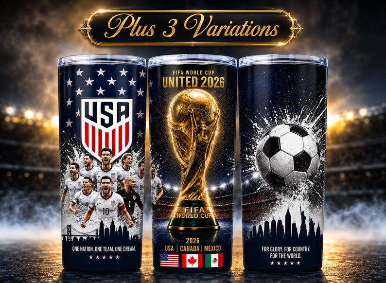 FIFA World Cup 2026 digital tumbler wrap featuring USA, Canada, Mexico, golden trophy, soccer ball, and patriotic soccer team design, printable PNG, USA Soccer Tumbler Wrap PNG, FIFA World Cup 2026 USA Team Design, 20oz Skinny Tumbler Sublimation Wrap, Patriotic Soccer Cup Design, USA Football Fans Gift, World Cup Trophy Tumbler, Digital Download, Red White Blue Sports Tumbler Wrap, USA Team Pride PNG