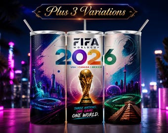 Paquete de imágenes PNG para diseño de vasos del Mundial de la FIFA 2026 / Diseño de sublimación para vasos delgados de 20 oz / Descarga digital de la Copa de Fútbol Estados Unidos, México y Canadá
