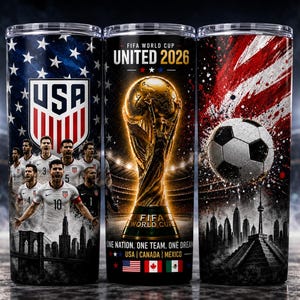 FIFA World Cup 2026 digital tumbler wrap featuring USA, Canada, Mexico, golden trophy, soccer ball, and patriotic soccer team design, printable PNG, USA Soccer Tumbler Wrap PNG, FIFA World Cup 2026 USA Team Design, 20oz Skinny Tumbler Sublimation Wrap, Patriotic Soccer Cup Design, USA Football Fans Gift, World Cup Trophy Tumbler, Digital Download, Red White Blue Sports Tumbler Wrap, USA Team Pride PNG