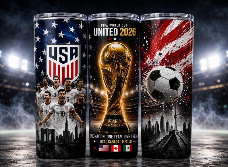 FIFA World Cup 2026 digital tumbler wrap featuring USA, Canada, Mexico, golden trophy, soccer ball, and patriotic soccer team design, printable PNG, USA Soccer Tumbler Wrap PNG, FIFA World Cup 2026 USA Team Design, 20oz Skinny Tumbler Sublimation Wrap, Patriotic Soccer Cup Design, USA Football Fans Gift, World Cup Trophy Tumbler, Digital Download, Red White Blue Sports Tumbler Wrap, USA Team Pride PNG