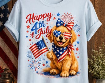Camiseta del 4 de julio PNG, diseño de sublimación del Día de la Independencia, perro Golden Retriever con la bandera de EE. UU., camiseta patriótica de feliz 4 de julio (descarga digital)