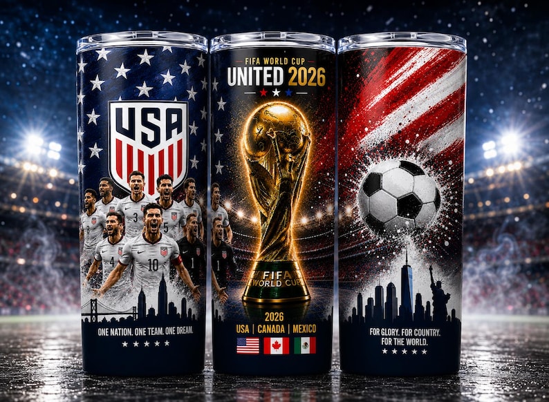 20oz Skinny Tumbler Wrap PNG with USA Soccer Team, FIFA World Cup 2026 Trophy, American Flag, Soccer Ball, Patriotic Sports Design, Sublimation Tumbler Template, USA Football Fan Gift, Instant Download PNG for Tumblers, FIFA World Cup 2026 USA Tumbler Wrap PNG featuring USA Soccer Team, World Cup Trophy, American Flag Background and Soccer Ball Design for 20oz Skinny Tumblers, Patriotic Sports Sublimation PNG, Football Fan Gift Digital Download