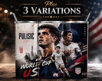 Diseño PNG para vaso térmico Christian Pulisic USA para la Copa Mundial / Diseño delgado de fútbol de 20 oz para sublimación / Descarga digital de jugador de fútbol de EE. UU.
