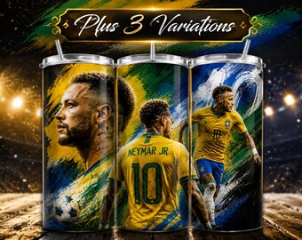 Vaso térmico delgado de 20 oz de Neymar Jr. (PNG) / Diseño deportivo de fútbol de Brasil / Regalo para aficionados al fútbol (sublimación) / Copa Mundial 2026 / Descarga digital
