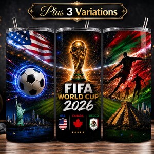 FIFA World Cup 2026 tumbler wrap design featuring the golden championship trophy, glowing red stadium lights, soccer players in action, football graphics, and USA Canada Mexico host country flags. Dynamic sports sublimation PNG for 20oz skinny tumbler, vibrant football fan artwork, digital download design with cinematic neon effects and championship atmosphere perfect for soccer lovers and World Cup fans.