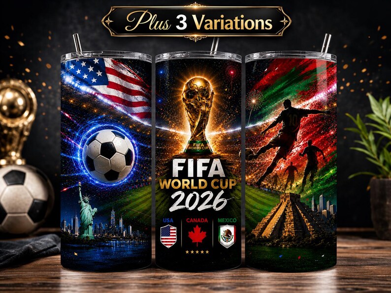 FIFA World Cup 2026 tumbler wrap design featuring the golden championship trophy, glowing red stadium lights, soccer players in action, football graphics, and USA Canada Mexico host country flags. Dynamic sports sublimation PNG for 20oz skinny tumbler, vibrant football fan artwork, digital download design with cinematic neon effects and championship atmosphere perfect for soccer lovers and World Cup fans.