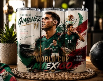 Diseño PNG para vaso térmico de fútbol de Santiago Giménez, México / Copa Mundial 2026 / Vaso térmico delgado de 20 oz, regalo para aficionados, descarga digital