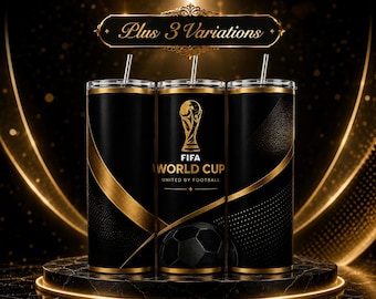 Fondo de maqueta de vaso para la Copa Mundial de la FIFA, elegante diseño de fútbol dorado, envoltura de sublimación de 20 oz.