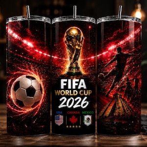 FIFA World Cup 2026 tumbler wrap design featuring the golden championship trophy, glowing red stadium lights, soccer players in action, football graphics, and USA Canada Mexico host country flags. Dynamic sports sublimation PNG for 20oz skinny tumbler, vibrant football fan artwork, digital download design with cinematic neon effects and championship atmosphere perfect for soccer lovers and World Cup fans.