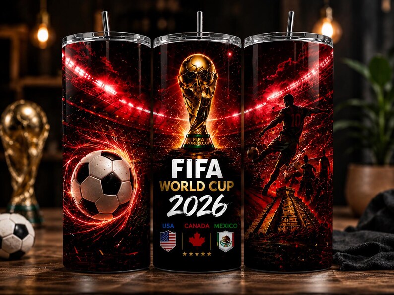 FIFA World Cup 2026 tumbler wrap design featuring the golden championship trophy, glowing red stadium lights, soccer players in action, football graphics, and USA Canada Mexico host country flags. Dynamic sports sublimation PNG for 20oz skinny tumbler, vibrant football fan artwork, digital download design with cinematic neon effects and championship atmosphere perfect for soccer lovers and World Cup fans.