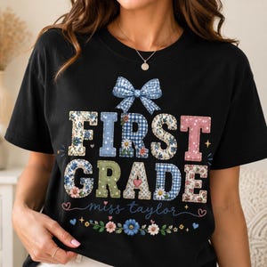 First Grade Shirt, Personalized Back to School Tee with Floral Patchwork