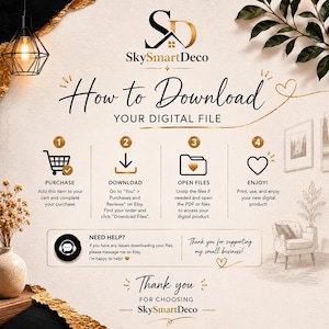 Puede incluir: Un gr&aacute;fico instructivo con el texto "C&oacute;mo descargar tu archivo digital" de SkySmartDeco. Los pasos incluyen comprar, descargar, abrir archivos y disfrutar. Incluye un mensaje de agradecimiento.