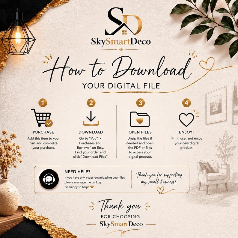 Puede incluir: Un gr&aacute;fico instructivo con el texto "C&oacute;mo descargar tu archivo digital" de SkySmartDeco. Los pasos incluyen comprar, descargar, abrir archivos y disfrutar. Incluye un mensaje de agradecimiento.