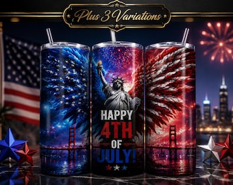 Diseño para vaso térmico del 4 de julio / Alas de águila patrióticas y fuegos artificiales de la Estatua de la Libertad / Diseño de sublimación para vaso térmico delgado de 20 oz / Más 3 variaciones