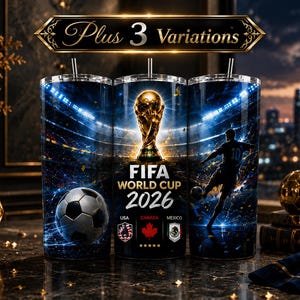 FIFA World Cup 2026 tumbler wrap design featuring the golden championship trophy, glowing red stadium lights, soccer players in action, football graphics, and USA Canada Mexico host country flags. Dynamic sports sublimation PNG for 20oz skinny tumbler, vibrant football fan artwork, digital download design with cinematic neon effects and championship atmosphere perfect for soccer lovers and World Cup fans.