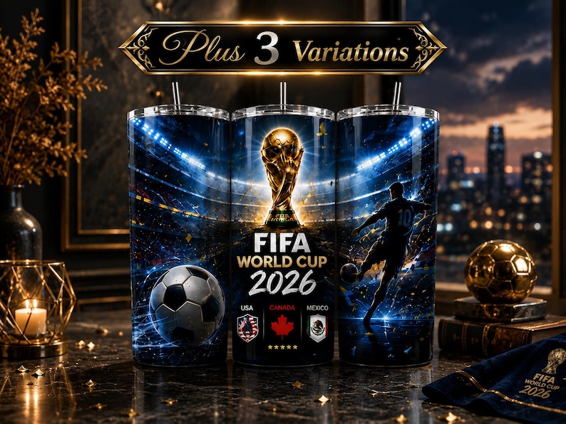 FIFA World Cup 2026 tumbler wrap design featuring the golden championship trophy, glowing red stadium lights, soccer players in action, football graphics, and USA Canada Mexico host country flags. Dynamic sports sublimation PNG for 20oz skinny tumbler, vibrant football fan artwork, digital download design with cinematic neon effects and championship atmosphere perfect for soccer lovers and World Cup fans.