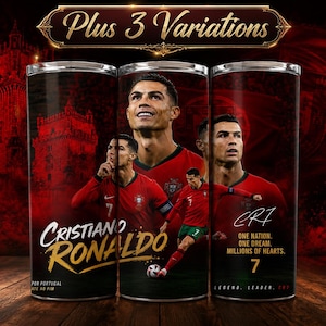 Op de afbeelding: Een cilindervormige beker met meerdere afbeeldingen van Cristiano Ronaldo in een rood voetbalshirt van Portugal. Het ontwerp bevat de tekst "Cristiano Ronaldo", "CR7", "One nation, one dream, millions of hearts" en het cijfer "7" in goud en wit.