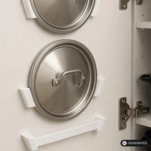 Könnte beinhalten: Zwei runde Topfdeckel aus Edelstahl, die mit weißen Kunststoffhalterungen an der Innenseite einer weißen Schranktür befestigt sind. Jeder Deckel hat einen mittigen Metallgriff. Eine horizontale weiße Kunststoffstange ist unter dem unteren Deckel angebracht.