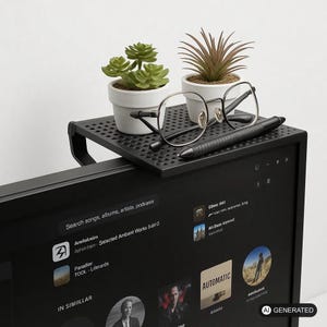 Könnte beinhalten: Ein schwarzes, perforiertes Monitorregal, das oben auf einem Computerbildschirm montiert ist. Das Regal enthält zwei kleine weiße Töpfe mit grünen künstlichen Sukkulenten, eine dünne Metallbrille und einen schwarzen Eingabestift auf der Ablage.