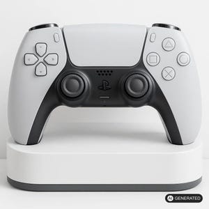 Könnte beinhalten: Ein weiß-schwarzer kabelloser Videospiel-Controller auf einer weißen, rechteckigen Ladestation. Der Controller verfügt über ein Steuerkreuz, zwei Analogsticks, vier Aktionstasten mit geometrischen Symbolen und ein zentrales PlayStation-Logo.