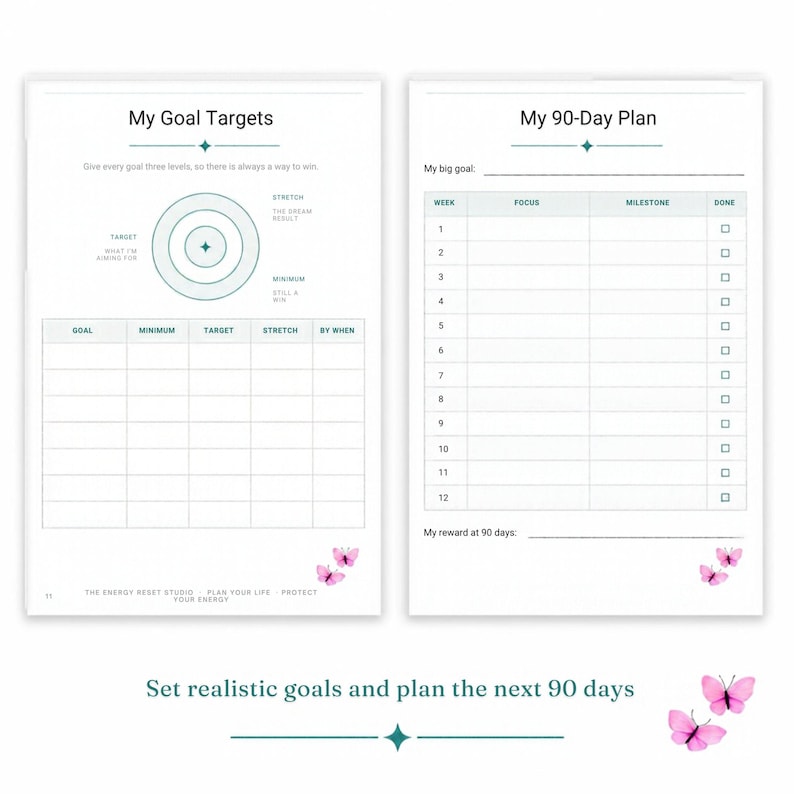 May include: Two planner pages featuring My Goal Targets and My 90-Day Plan. The left page includes a target diagram and a goal tracking table. The right page features a 12-week schedule table. Both pages are decorated with small pink butterflies.