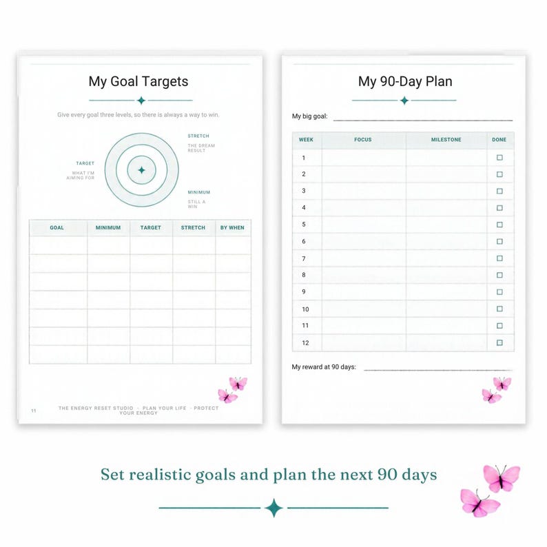 May include: Two planner pages featuring My Goal Targets and My 90-Day Plan. The left page includes a target diagram and a goal tracking table. The right page features a 12-week schedule table. Both pages are decorated with small pink butterflies.