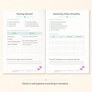 May include: An open planner with two pages titled Getting Started and Switching Tasks Smoothly. The pages contain checklists, tables for blockers and logs, and lines for writing. Small pink butterfly illustrations appear at the bottom corners.