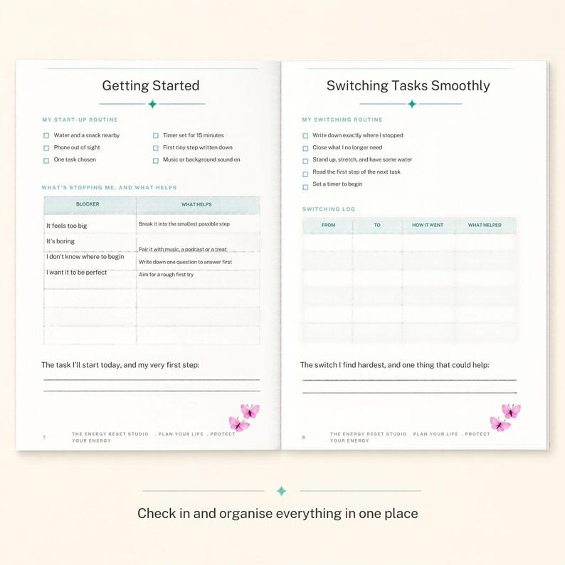 May include: An open planner with two pages titled Getting Started and Switching Tasks Smoothly. The pages contain checklists, tables for blockers and logs, and lines for writing. Small pink butterfly illustrations appear at the bottom corners.