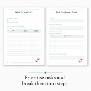 May include: Two white planner pages featuring green text and butterfly graphics. The left page is titled What Comes First? with a priority check list and table. The right page is a Task Breakdown Sheet with fields for tasks, results, and steps.