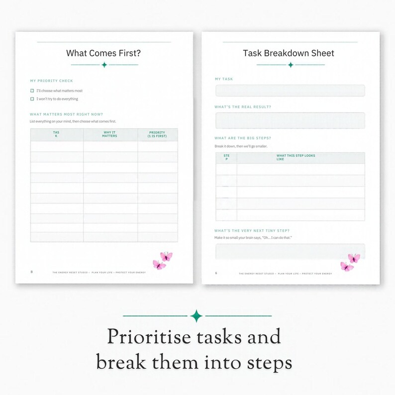 May include: Two white planner pages featuring green text and butterfly graphics. The left page is titled What Comes First? with a priority check list and table. The right page is a Task Breakdown Sheet with fields for tasks, results, and steps.