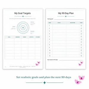 May include: Two planner pages featuring My Goal Targets and My 90-Day Plan. The left page includes a target diagram and a goal table. The right page has a 12-week tracking table. Both pages are decorated with small pink butterfly illustrations.