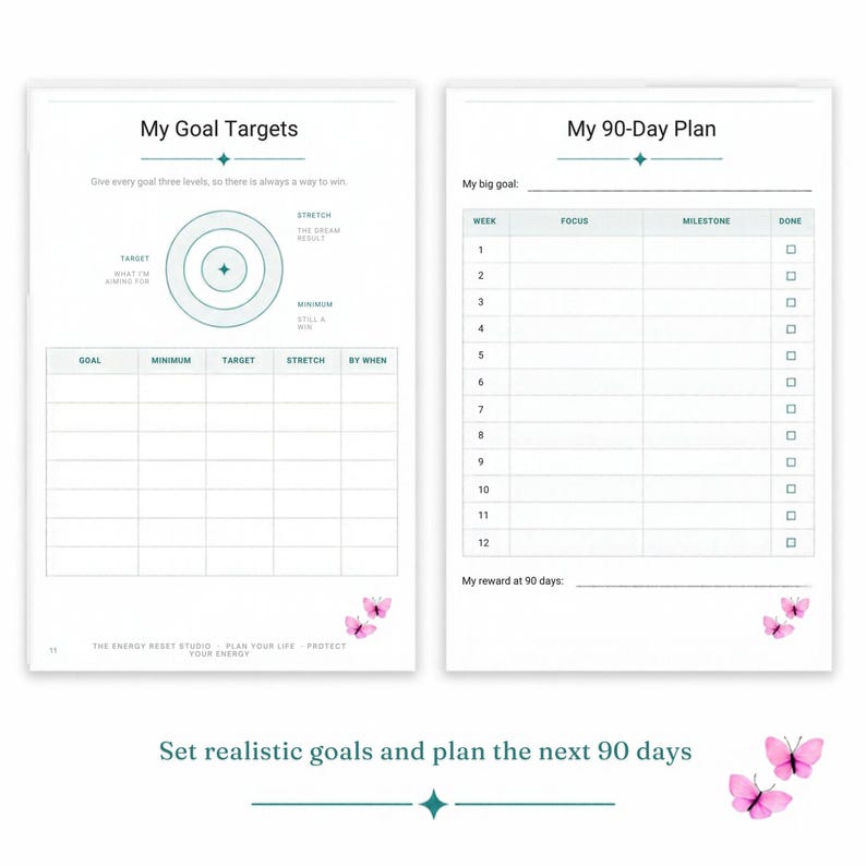 May include: Two planner pages featuring My Goal Targets and My 90-Day Plan. The left page includes a target diagram and a goal table. The right page has a 12-week tracking table. Both pages are decorated with small pink butterfly illustrations.