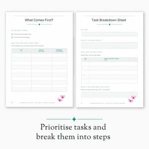 May include: Two white planner pages featuring green text and butterfly illustrations. The left page is titled What Comes First? with a priority check list and table. The right page is a Task Breakdown Sheet with fields for tasks and steps.