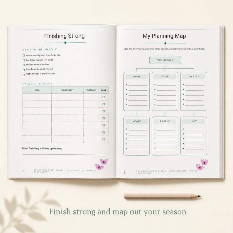 May include: An open planner with two pages titled Finishing Strong and My Planning Map. The left page features a checklist and task table. The right page displays a seasonal mapping diagram with categories for home, work, health, money, people, and joy. Small pink butterfly illustrations decorate the bottom corners.