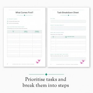 May include: Two white planner pages featuring green text and butterfly illustrations. The left page is titled What Comes First? with a priority check list and table. The right page is a Task Breakdown Sheet with fields for tasks and steps.
