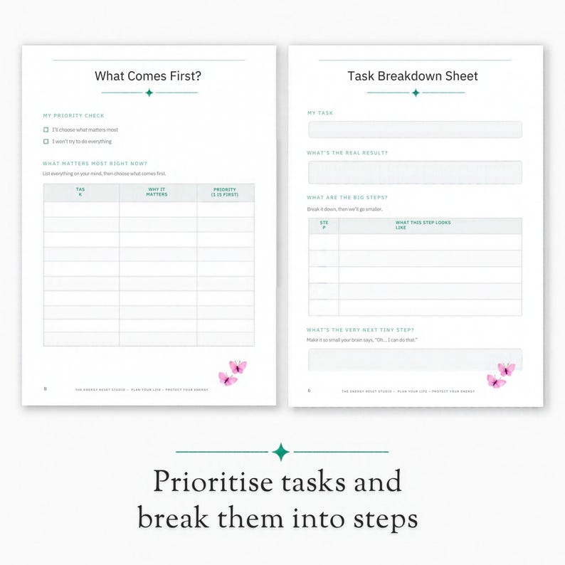 May include: Two white planner pages featuring green text and butterfly illustrations. The left page is titled What Comes First? with a priority check list and table. The right page is a Task Breakdown Sheet with fields for tasks and steps.
