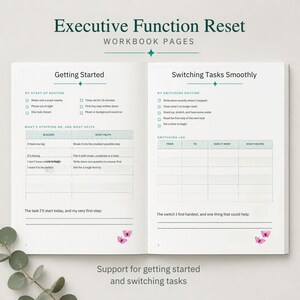 May include: An open workbook titled Executive Function Reset Workbook Pages. The left page features Getting Started with a start-up routine checklist and a table for blockers. The right page shows Switching Tasks Smoothly with a routine list and log.