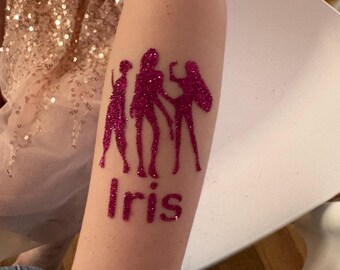Plantilla de tatuaje con purpurina personalizada / Nombre personalizado, diseño resistente al agua para fiestas infantiles