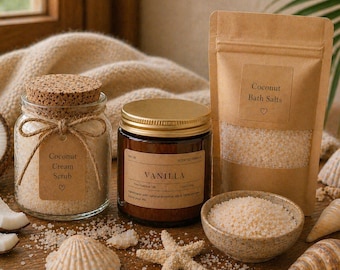 Coconut Spa Gift Set | Cream Scrub, Bath Salts, Vanilla Candle