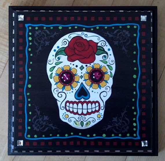 14" DAY OF THE DEAD WOODEN COFFIN HALLOWEEN WALL DECOR SUGAR SKULL & ROSES DECOR 