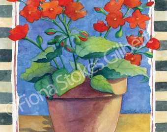 May include: A watercolor painting of a potted plant with red flowers. The plant is in a terracotta pot and is sitting on a table with a checkered pattern. The background is a light blue color. The painting is signed "Fiona Stokes Gilbert".