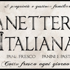 May include: A vintage-style sign for an Italian bakery, with the text "PANETTERIA ITALIANA" in a decorative font. The sign also includes the text "di proprietà e gestione familiare" and "dal 1923" in smaller font. The sign is on a beige background with a distressed look.