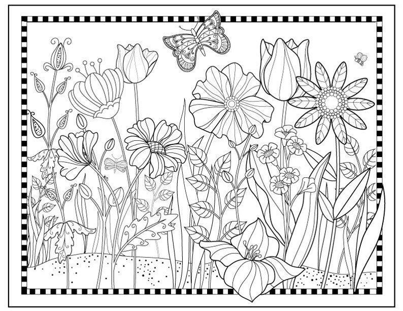 Printable Flower Garden Coloring page,Flowers to Color, Magical Garden,Pretty Floral Butterfly Art Digital Download, Fun to color image 1