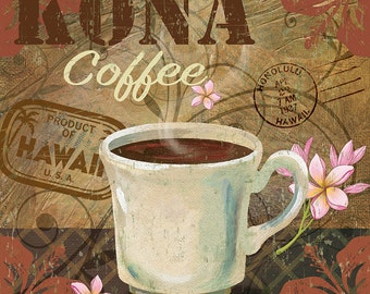 Coffee Kitchen Wall Decor,Cafe Art, Kona Coffee Art, Coffee mug art, Kitchen decor 12x12