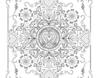 Valentine Hearts Coloring Page Valentine Mandala to color,Downloadable print to color, Fun design to color for all ages