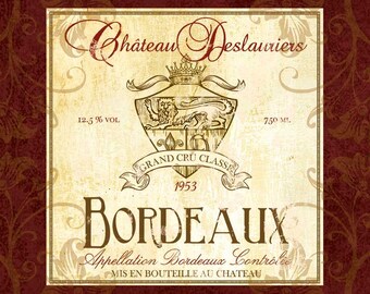 French Wine Label Art  "Bordeaux" Burgundy Color Wine Graphic,Wine Lovers decor 10x10"